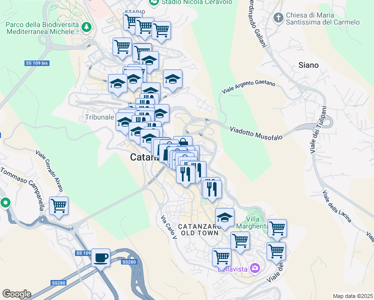 map of restaurants, bars, coffee shops, grocery stores, and more near 41 Via Francesco Acri in Catanzaro