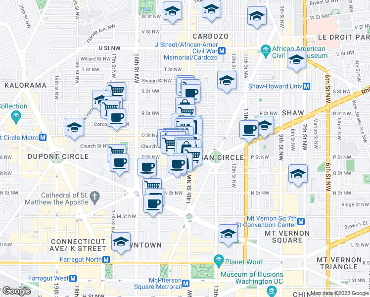 map of restaurants, bars, coffee shops, grocery stores, and more near 1400 Church Street Northwest in Washington
