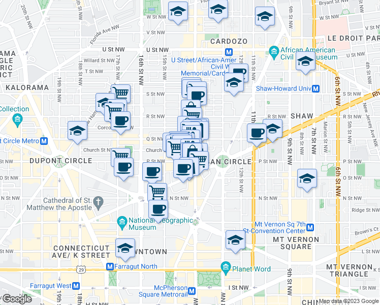 map of restaurants, bars, coffee shops, grocery stores, and more near 1400 Church Street Northwest in Washington