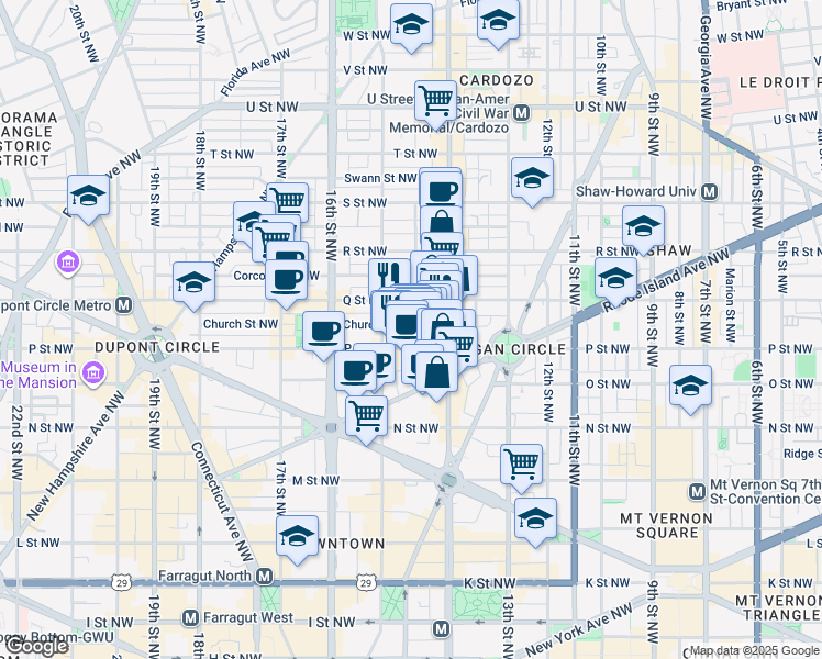 map of restaurants, bars, coffee shops, grocery stores, and more near 1444 Church Street Northwest in Washington