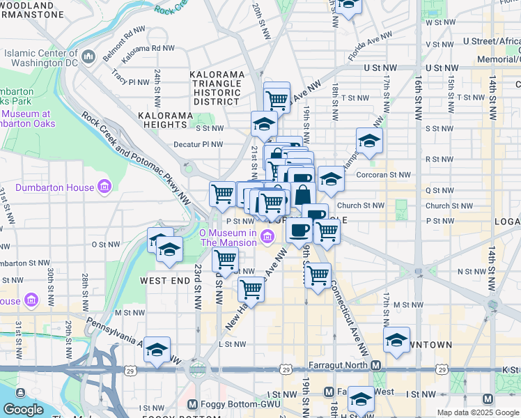 map of restaurants, bars, coffee shops, grocery stores, and more near 2020 Massachusetts Avenue Northwest in Washington