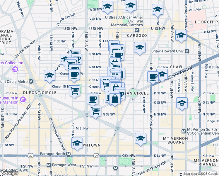 map of restaurants, bars, coffee shops, grocery stores, and more near 1444 Church Street Northwest in Washington