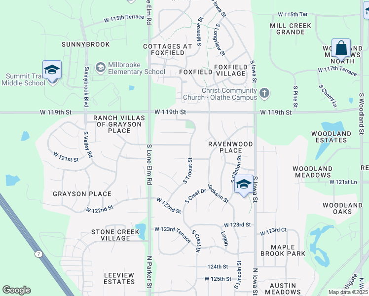 map of restaurants, bars, coffee shops, grocery stores, and more near 21227 West 120th Street in Olathe
