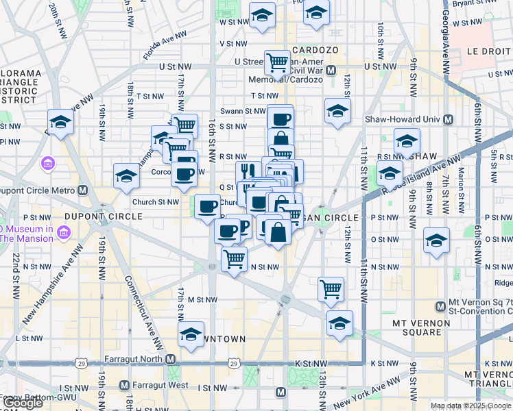 map of restaurants, bars, coffee shops, grocery stores, and more near 1450 Church Street Northwest in Washington