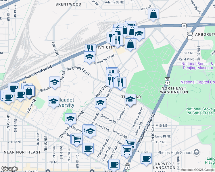 map of restaurants, bars, coffee shops, grocery stores, and more near 101 Independence Avenue Southeast in Washington