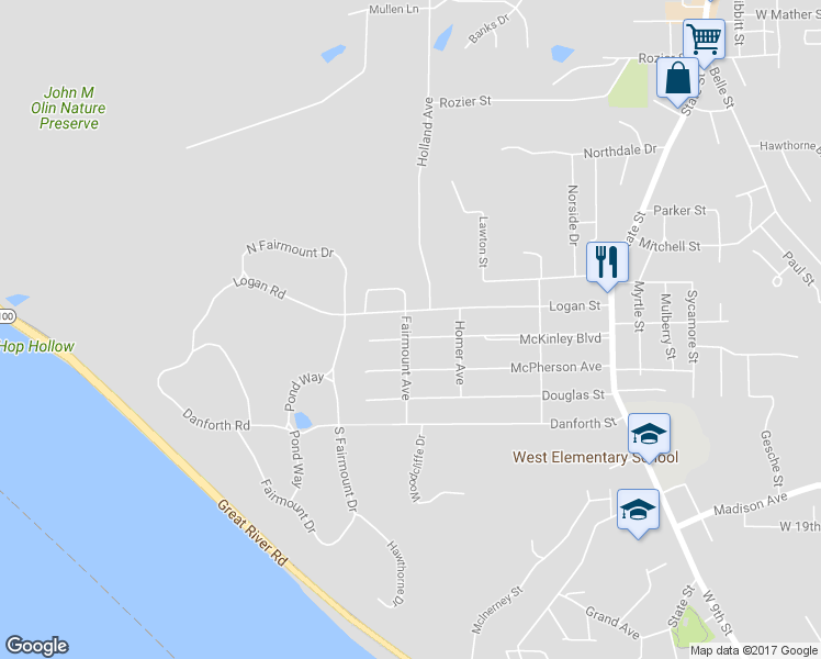 map of restaurants, bars, coffee shops, grocery stores, and more near 1901 Fairmount Avenue in Alton