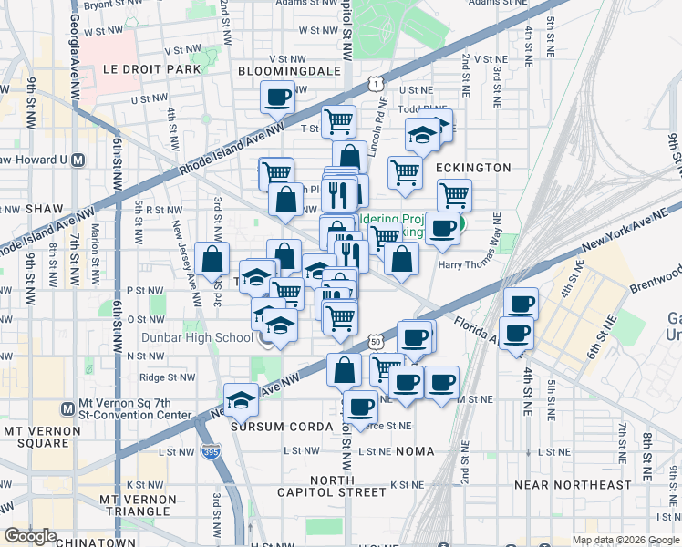 map of restaurants, bars, coffee shops, grocery stores, and more near 1520 North Capitol Street Northwest in Washington