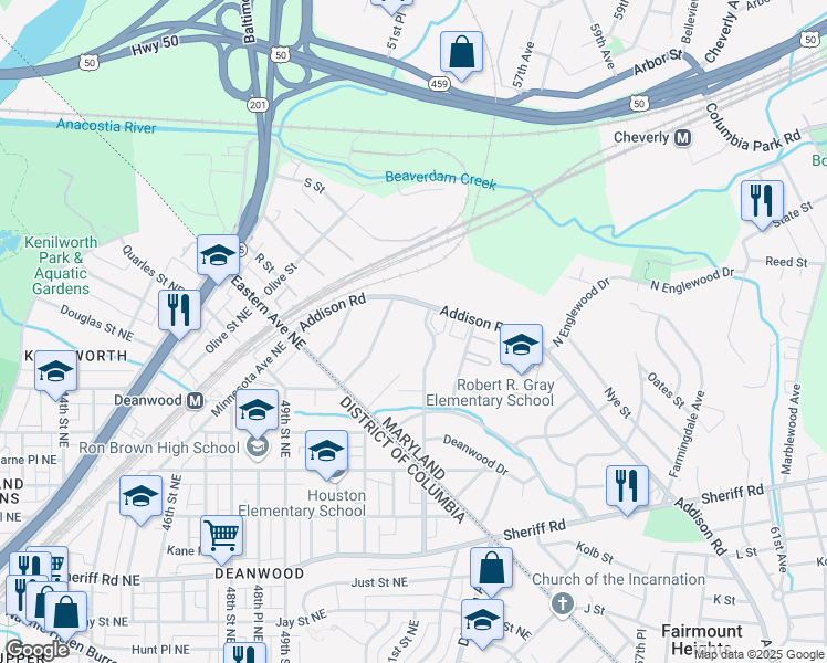 map of restaurants, bars, coffee shops, grocery stores, and more near 1400 Doewood Lane in Capitol Heights