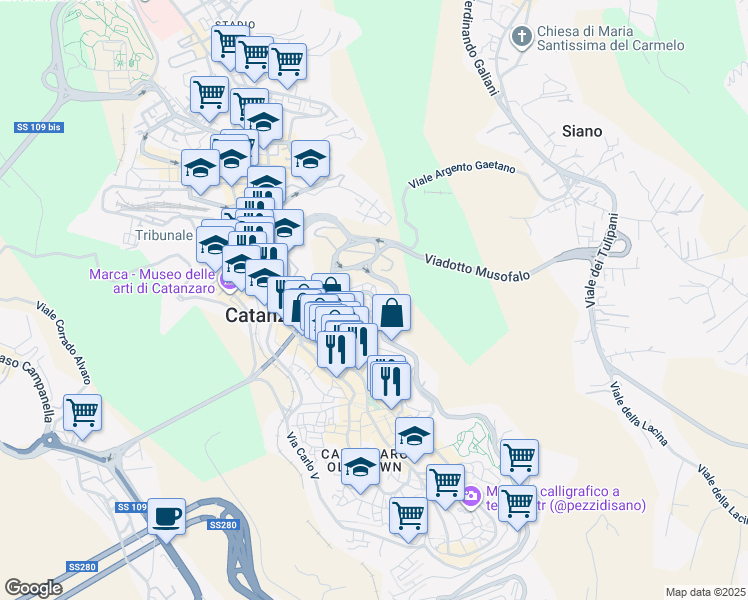 map of restaurants, bars, coffee shops, grocery stores, and more near 13 Via Vincenzo Ciaccio in Catanzaro