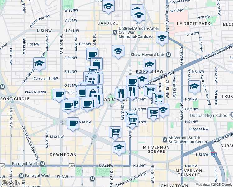 map of restaurants, bars, coffee shops, grocery stores, and more near 1501 Vermont Avenue Northwest in Washington