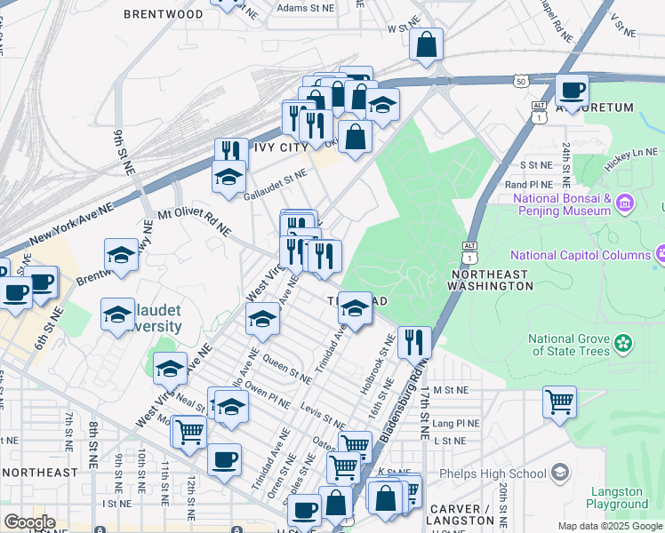 map of restaurants, bars, coffee shops, grocery stores, and more near 1240 Mount Olivet Road Northeast in Washington