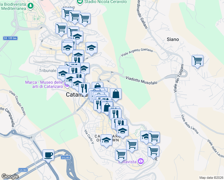 map of restaurants, bars, coffee shops, grocery stores, and more near Via Sant'Agostino in Catanzaro