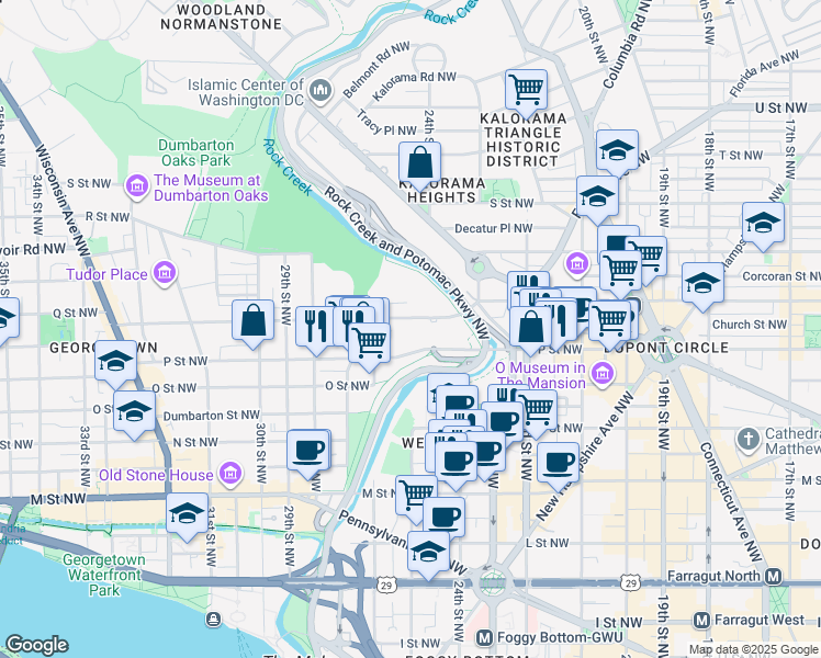 map of restaurants, bars, coffee shops, grocery stores, and more near 2512 Q Street Northwest in Washington