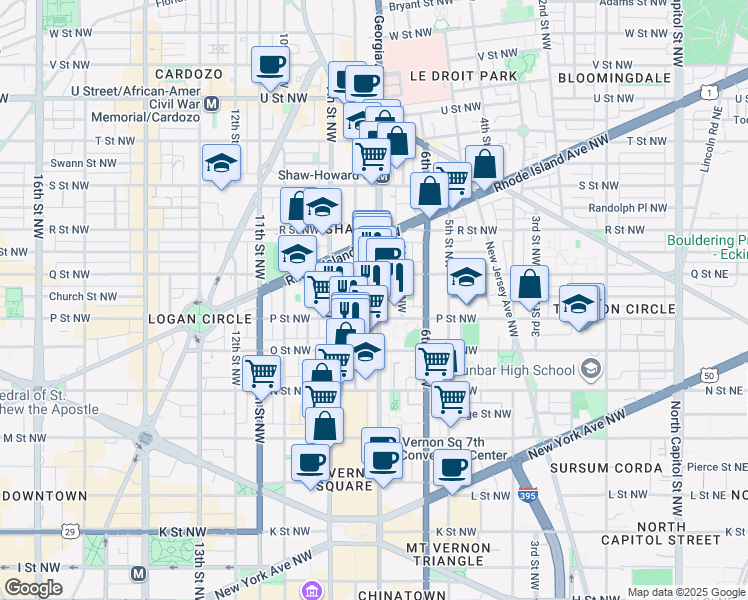 map of restaurants, bars, coffee shops, grocery stores, and more near 1514 7th Street Northwest in Washington