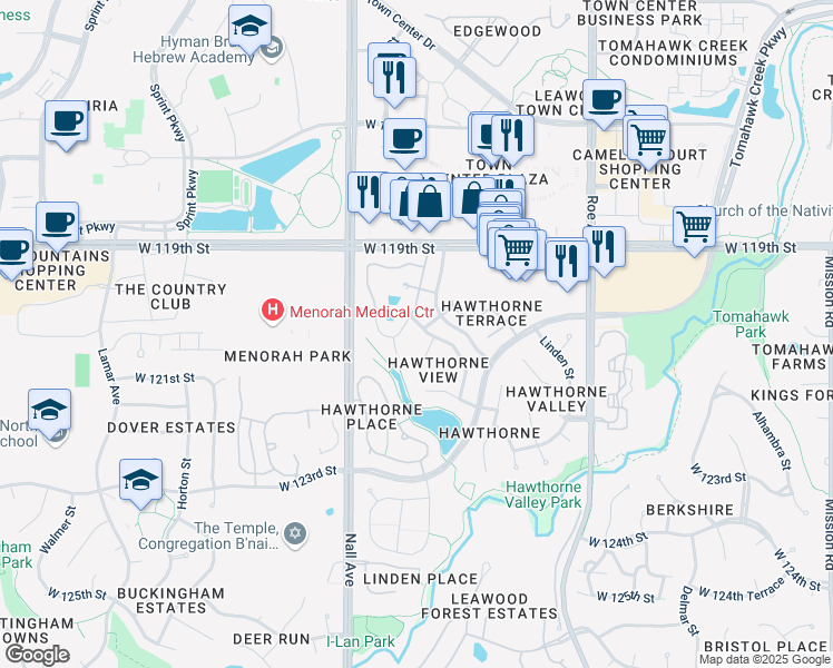map of restaurants, bars, coffee shops, grocery stores, and more near 5251 West 121st Street in Leawood