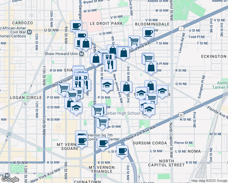 map of restaurants, bars, coffee shops, grocery stores, and more near 410 Franklin Street Northwest in Washington