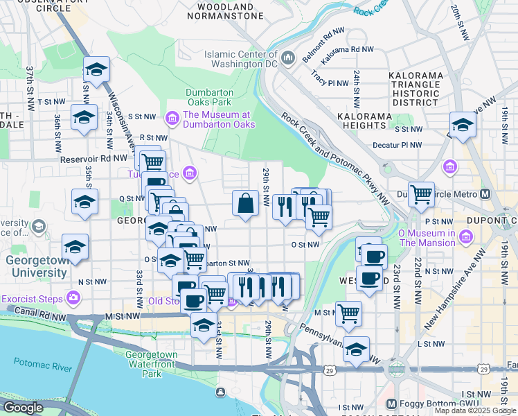 map of restaurants, bars, coffee shops, grocery stores, and more near 2910 Q Street Northwest in Washington