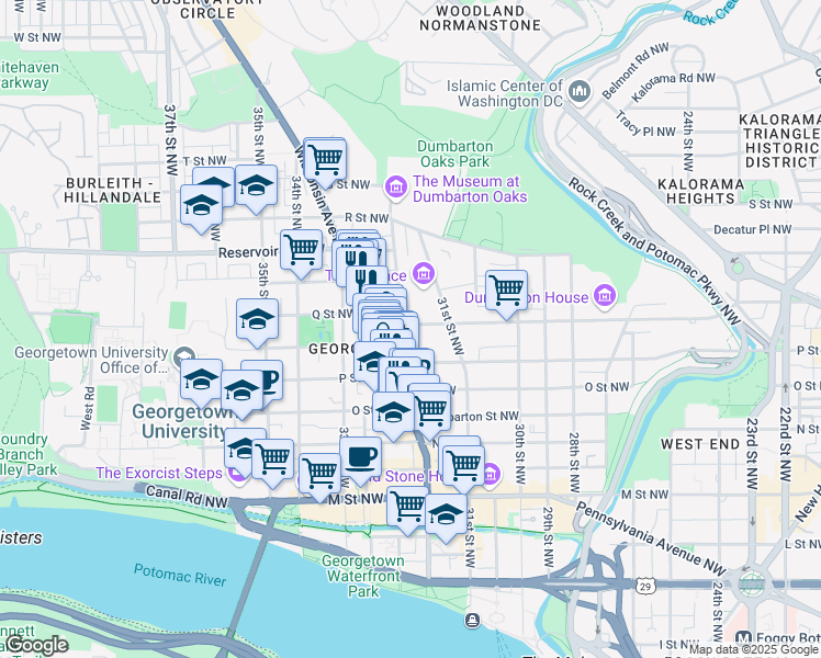 map of restaurants, bars, coffee shops, grocery stores, and more near 3140 Q Street Northwest in Washington