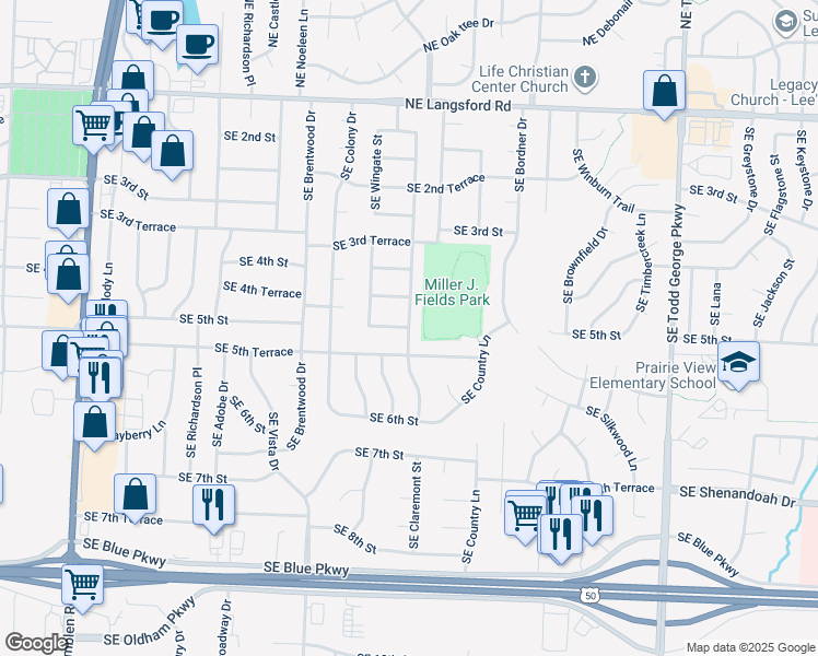 map of restaurants, bars, coffee shops, grocery stores, and more near Southeast 5th Street in Lee's Summit