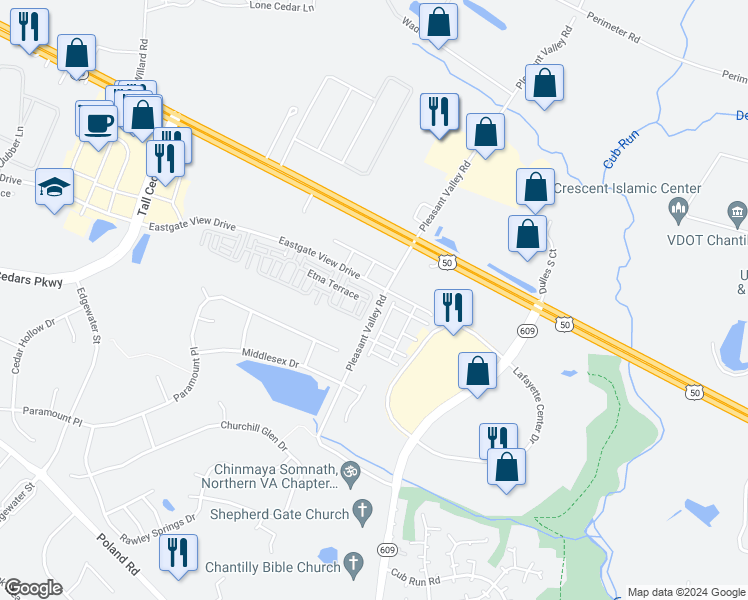 map of restaurants, bars, coffee shops, grocery stores, and more near 25621 Pleasant Valley Road in Chantilly