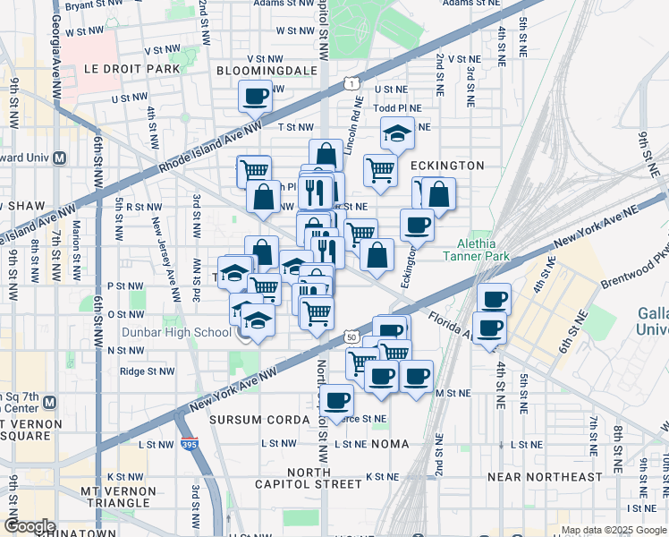map of restaurants, bars, coffee shops, grocery stores, and more near 1 Florida Avenue Northeast in Washington