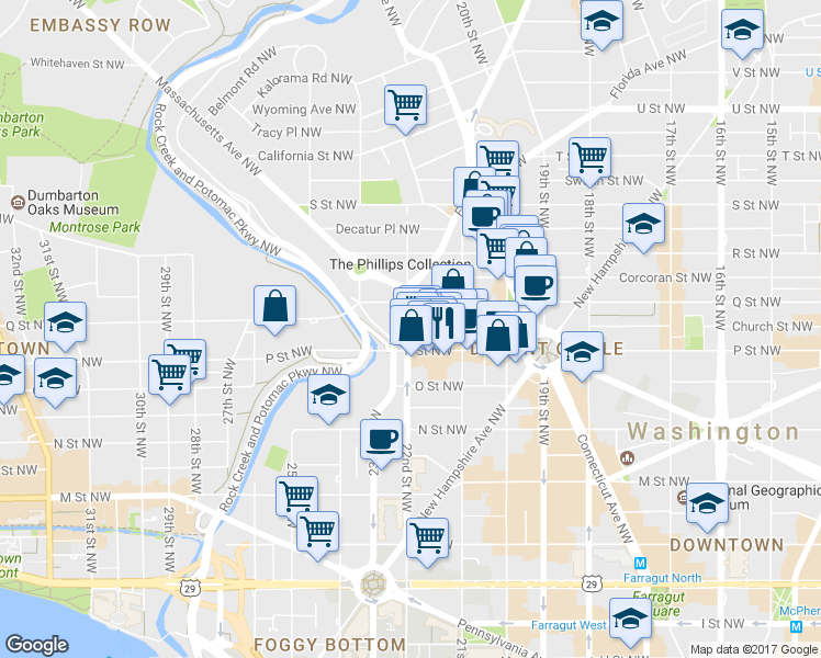 map of restaurants, bars, coffee shops, grocery stores, and more near 1523 22nd Street Northwest in Washington