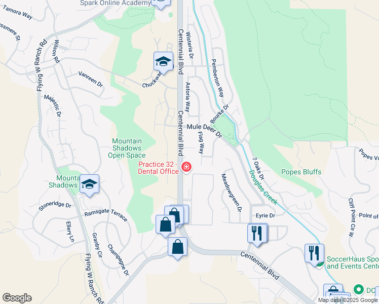 map of restaurants, bars, coffee shops, grocery stores, and more near 5355 Centennial Boulevard in Colorado Springs