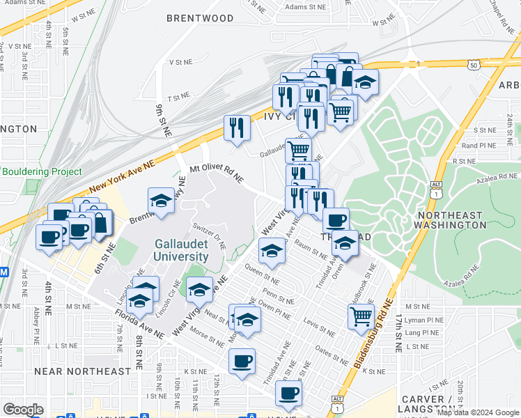 map of restaurants, bars, coffee shops, grocery stores, and more near 101 Independence Avenue Southeast in Washington