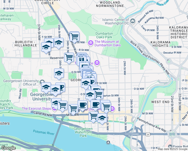 map of restaurants, bars, coffee shops, grocery stores, and more near 3140 Q Street Northwest in Washington