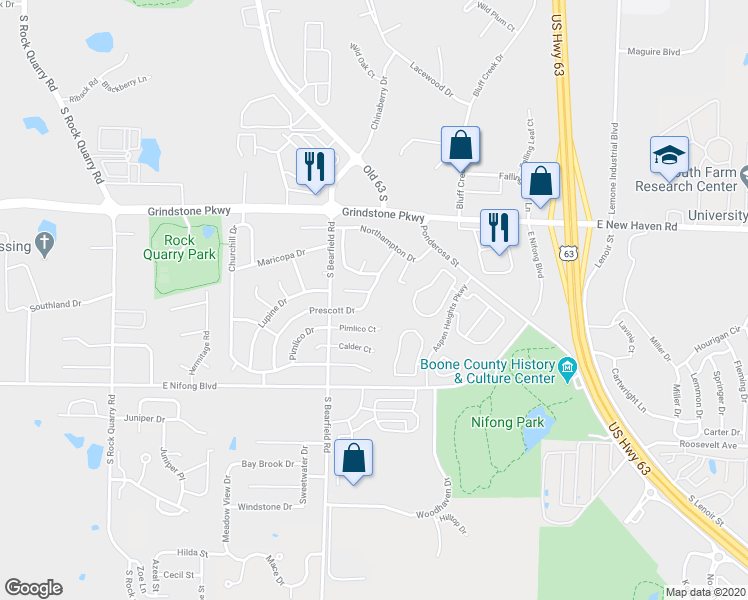 map of restaurants, bars, coffee shops, grocery stores, and more near 3558 Prescott Drive in Columbia
