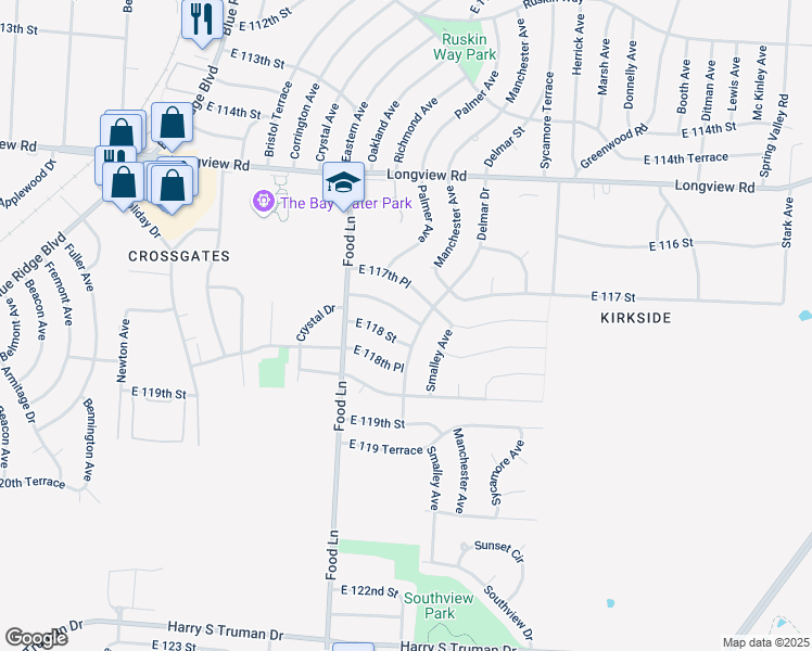 map of restaurants, bars, coffee shops, grocery stores, and more near 7612 East 118 Street in Kansas City