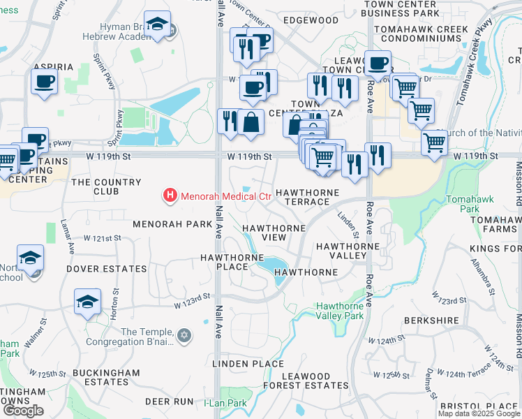 map of restaurants, bars, coffee shops, grocery stores, and more near 5251 West 121st Street in Leawood