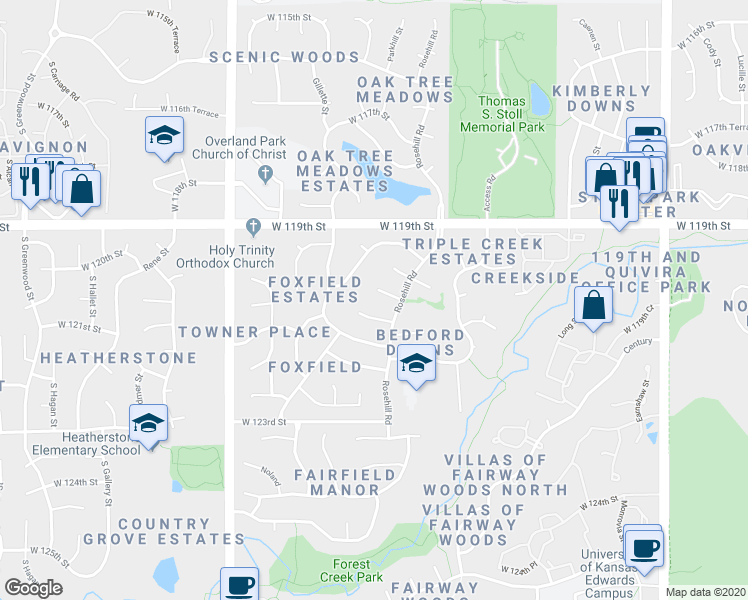 map of restaurants, bars, coffee shops, grocery stores, and more near 12702 West 121st Street in Overland Park