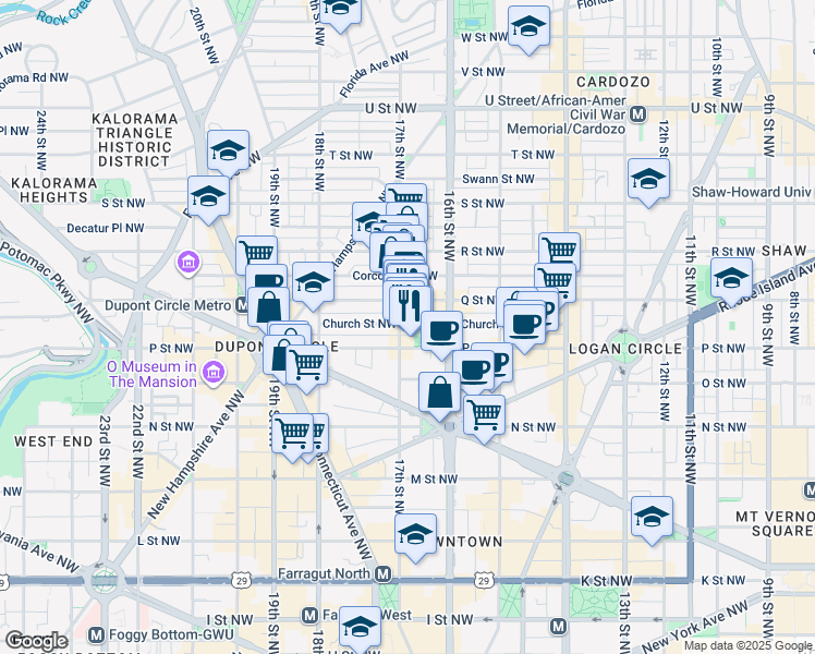 map of restaurants, bars, coffee shops, grocery stores, and more near 1517 17th Street Northwest in Washington