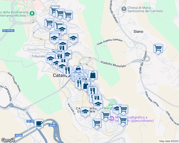 map of restaurants, bars, coffee shops, grocery stores, and more near Via Sant'Agostino in Catanzaro