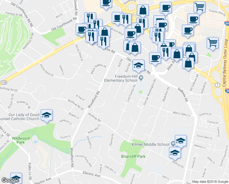 map of restaurants, bars, coffee shops, grocery stores, and more near 2000 Byrd Road in Vienna