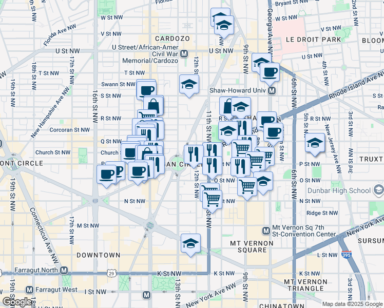 map of restaurants, bars, coffee shops, grocery stores, and more near 1203 Rhode Island Avenue Northwest in Washington