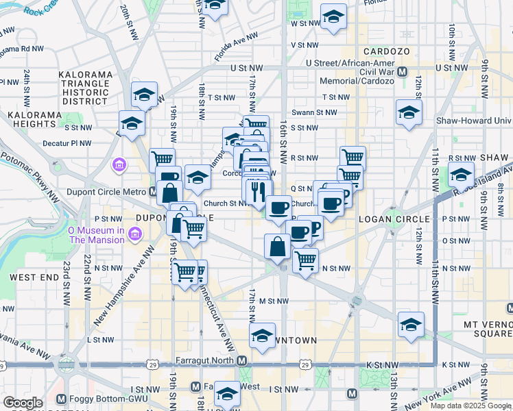 map of restaurants, bars, coffee shops, grocery stores, and more near 1517 17th Street Northwest in Washington
