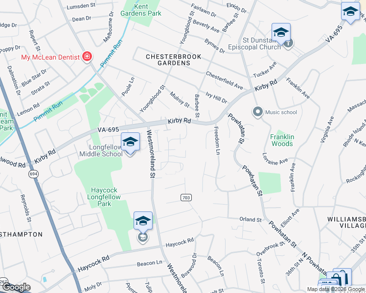 map of restaurants, bars, coffee shops, grocery stores, and more near 2004 Highboro Way in Falls Church