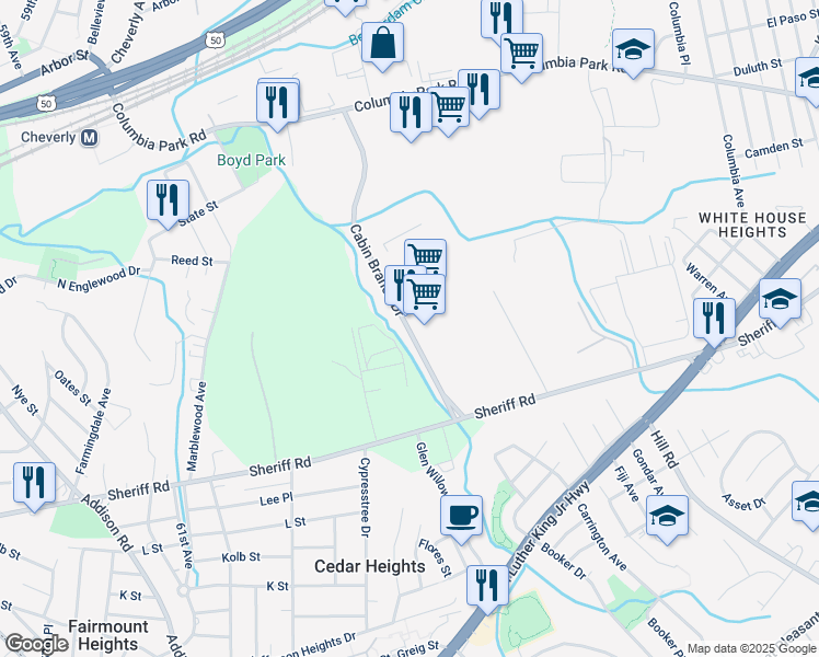 map of restaurants, bars, coffee shops, grocery stores, and more near 1525 Cabin Branch Drive in Hyattsville