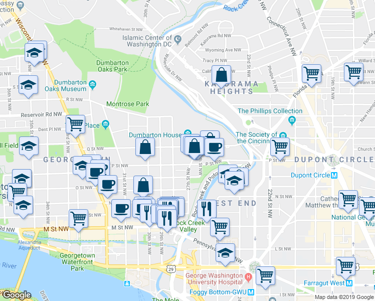 map of restaurants, bars, coffee shops, grocery stores, and more near 2700 Q Street Northwest in Washington