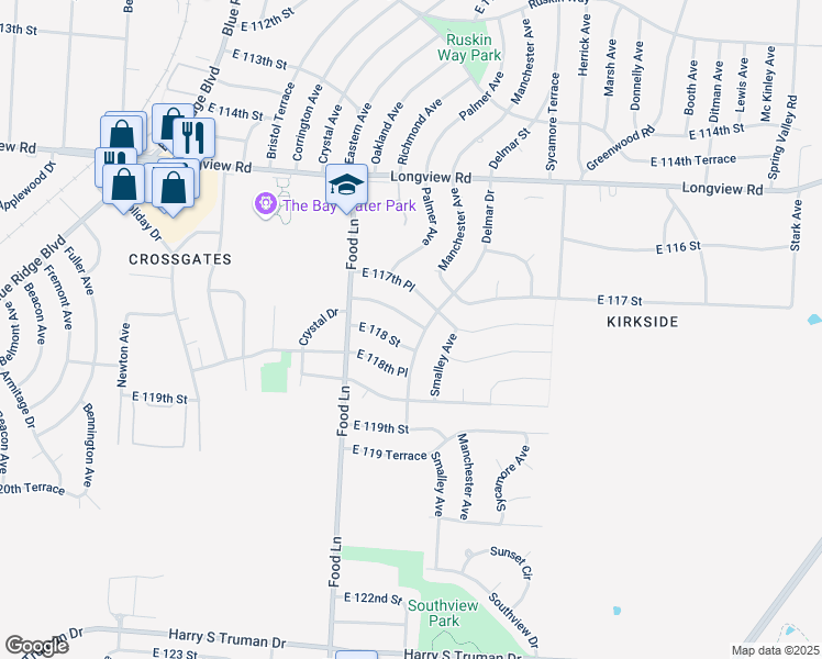 map of restaurants, bars, coffee shops, grocery stores, and more near 7612 East 118 Street in Kansas City