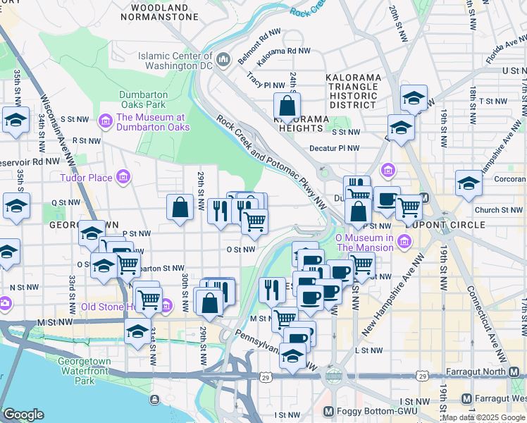 map of restaurants, bars, coffee shops, grocery stores, and more near 2530 Q Street Northwest in Washington
