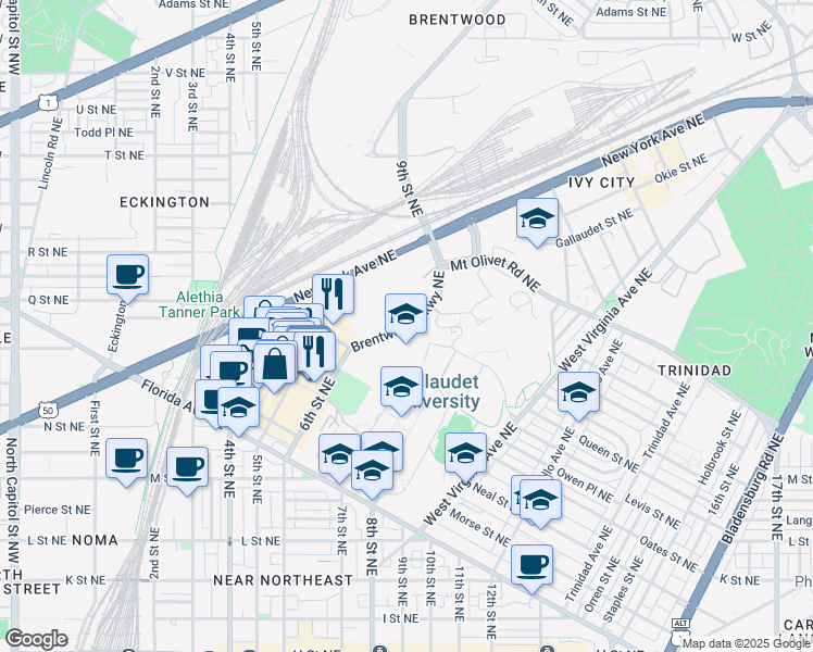 map of restaurants, bars, coffee shops, grocery stores, and more near Brentwood Parkway Northeast in Washington