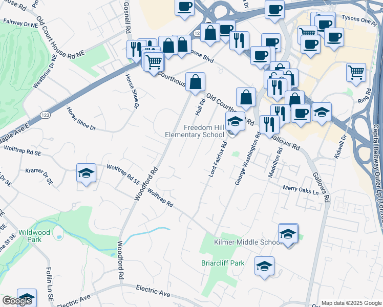 map of restaurants, bars, coffee shops, grocery stores, and more near 2000 Byrd Road in Vienna