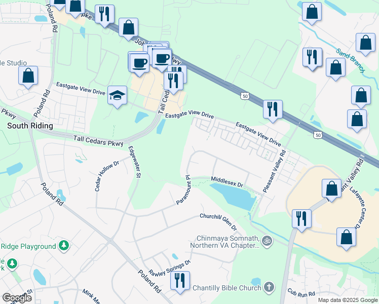 map of restaurants, bars, coffee shops, grocery stores, and more near 25543 Thornburg Court in Chantilly
