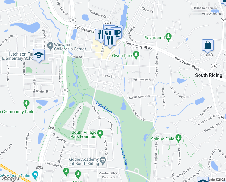 map of restaurants, bars, coffee shops, grocery stores, and more near 25569 Gwynneth Square in Chantilly