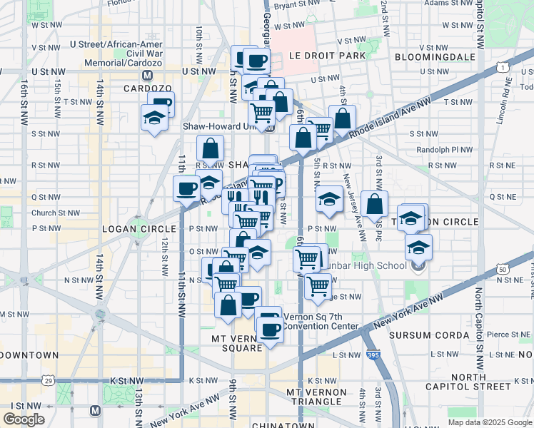 map of restaurants, bars, coffee shops, grocery stores, and more near 1514 7th Street Northwest in Washington
