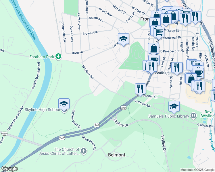 map of restaurants, bars, coffee shops, grocery stores, and more near 130 West Criser Road in Front Royal