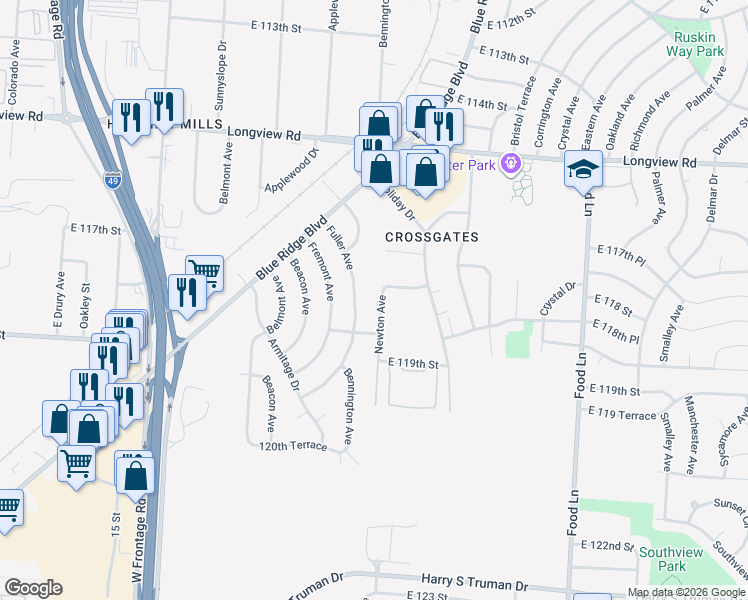 map of restaurants, bars, coffee shops, grocery stores, and more near 11732 Newton Avenue in Kansas City
